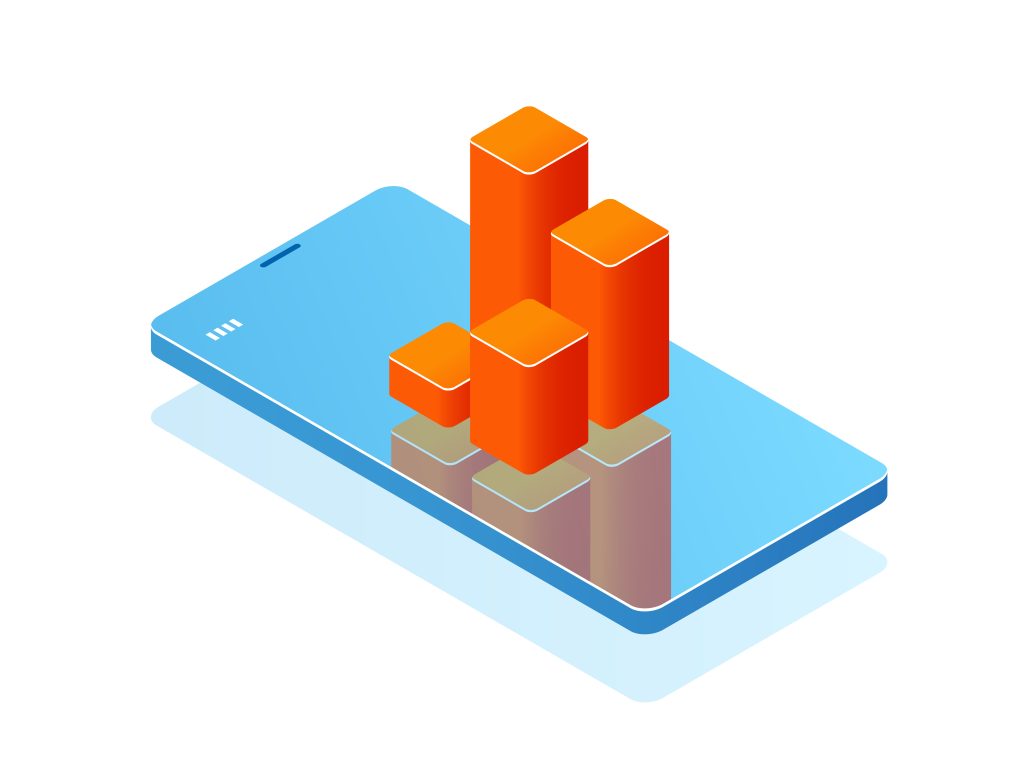 Mobile phone with bar chart on screen, analytics application, banner with smartphone online statistic isometric vector lead generation strategies for education institutes